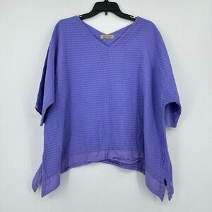 Vtg Ezze Wear Top Women 1X V-Neck Half Sleeve Boxy Tunic Asymmetric Gauzy Purple
